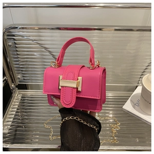 Close-up of rose pink mini bag with golden chain strap and stylish rectangular buckle