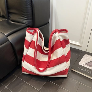 Striped Canvas Tote Bag Large Capacity Women Contrast Color Shoulder Shopping Bag Casual Urban Street Style Travel Bag