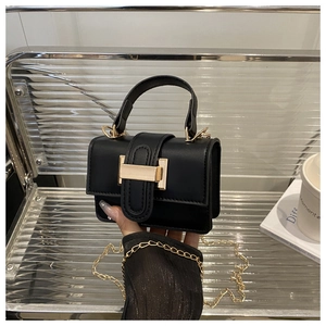 Close-up of black leather mini square bag with gold metal buckle and chain strap