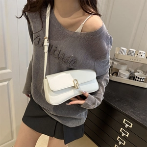 Minimalist white baguette shoulder bag for women with gold oval buckle and leather strap