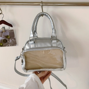 Metallic Silver Ita Bag Women Japanese Academy Style PU Shoulder Bag Transparent PVC Window Handbag Commuter Tote Crossbody Bag