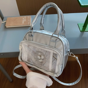 Silver metallic crossbody ita bag with clear PVC window and dual top handles for women