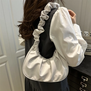 White ruched crescent shoulder bag with cloud strap for women fashion casual style