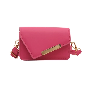 Bright pink crossbody square bag with asymmetric flap and golden metal trim