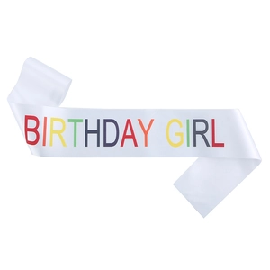 White satin Birthday Girl sash with vibrant colorful lettering for party decorations