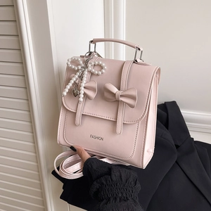 Women Fashion PU Leather Mini Backpack Handbag With Bow Decoration Artificial Pearl Pendant Sweet College Style Shoulder Crossbody Bag
