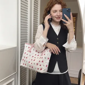 Fashionable white tote bag with cute cartoon bear and heart prints and pink handles