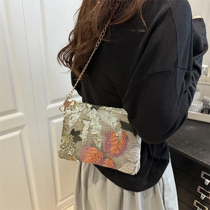 New Chinese style shoulder bag with floral embroidery, sequins and golden chain strap