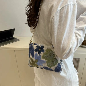 New Chinese style sequined chain shoulder bag with blue floral embroidery on white