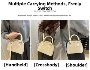 Detalles del bolso de paja tipo concha mostrando estilos de mano, cruzado y hombro