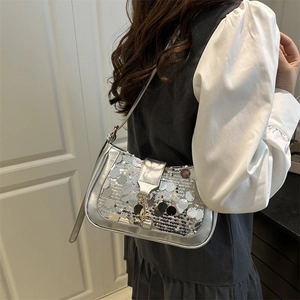 Silver sequin shoulder bag for women with Y2K metallic finish and crossbody strap