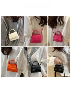 Collage of mini trapezoid crossbody bags in white, pink, orange and black colors