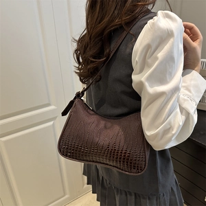 Minimalist dark brown crocodile pattern underarm bag with adjustable shoulder strap