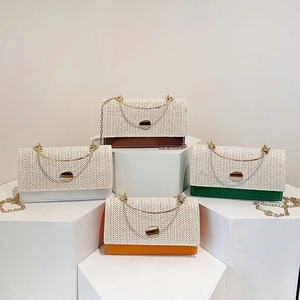 Womens Fashion Straw Woven Patchwork Shoulder Bag Metal Ring Handle Gold Chain Strap Square Crossbody Bag Summer Casual