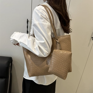 Minimalist khaki woven tote bag with large capacity and matching small zipper pouch