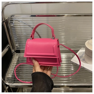 Macro shot of small fuchsia leather square bag with top handle and silver hardware