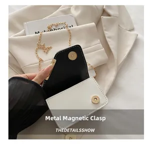 Detail shot of the dual magnetic closure and gold chain on the black and white bag