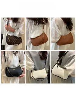 Collage of four half-moon underarm bags in brown, black and white shown with models
