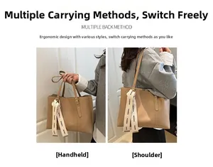 Detail of beige tote bag with decorative silk ribbon and adjustable shoulder strap