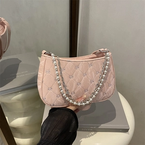Sac à Épaule Matelassé Élégant pour Femmes Chaîne en Künstliche Perles et Métal Broderie Papillon Cuir PU Sac Sous le Bras Mode