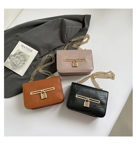 Three elegant stone pattern crossbody bags with chain straps in brown, pink, and black colors