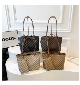 Set of four checkered tote bags in black, coffee, grey, and brown with matching pouches