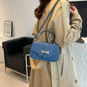 Retro navy blue crossbody square bag in pebbled leather texture with golden buckle
