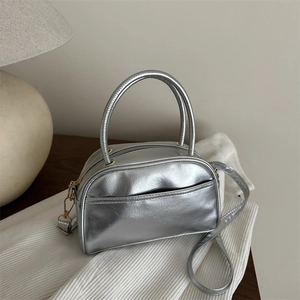 Women Chic PU Leather Boston Shoulder Bag Fashion Glossy Solid Color Crossbody Pillow Bag With Double Handles And Detachable Strap