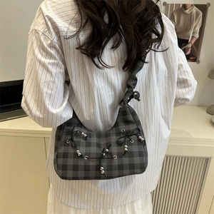 Plaid hobo bag with bow detail and ruched strap for a stylish vintage women's look