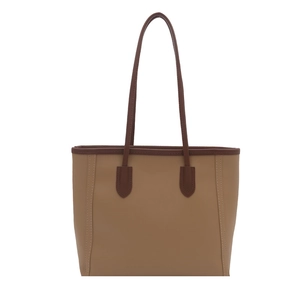 Retro khaki tote bag with dark brown trim and high-quality stitching on white background