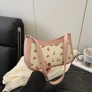 Women Cherry Print PU Leather Underarm Bag Casual Fashion Shoulder Bag Large Capacity Summer Handbag Stylish Sweet Daily Bag