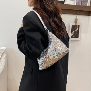 Fashion silver sequin shoulder bag for women with shiny round glitter and white strap