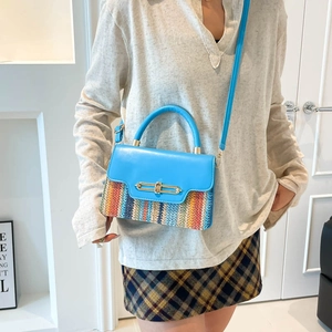 Fashionable sky blue woven straw patchwork crossbody square bag with metal twist lock