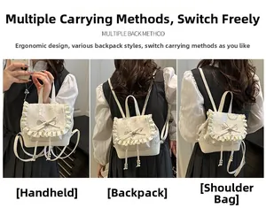 Three-way carry view of a white lace backpack with bow and pearl charms detail
