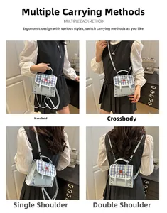 Detailed view showing four versatile carrying modes for the plaid mini backpack