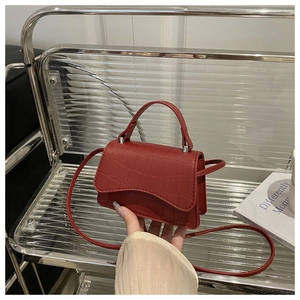 Close-up of red crocodile embossed mini handbag featuring fine texture and top handle