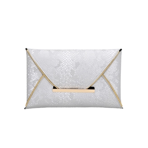 Silver snakeskin envelope clutch bag with V-shaped flap and gold metal trim on white background