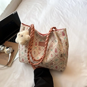 Sac Fourre-Tout pour Femmes Nylon Imprimé Ours Floral Grande Capacité Sac à Épaule Décontracté Sangles Tressées Mode