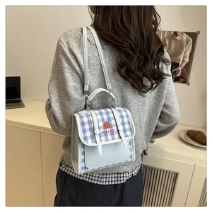 Detailed view of light blue checkered crossbody bag with red apple print on back