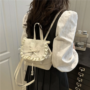 Cream chic balletcore style mini backpack with ruffles and bow for young women