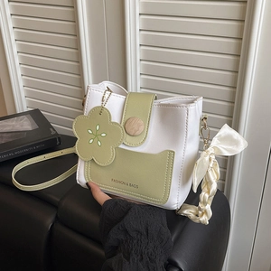 Women Stylish PU Leather Bucket Bag Wood Grain Buckle Silk Scarf Handle Flower Charm Chic Crossbody Shoulder Bag