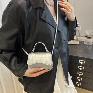 Minimalist silver mini handbag with crocodile pattern for women stylish crossbody bag