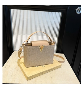 Detail of sequined champagne gold handbag with V-shaped metal buckle on art book