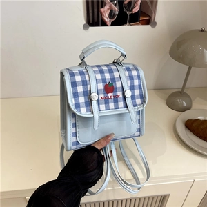 Fresh Plaid PU Leather Mini Backpack With Apple Embroidery Multi-functional Gingham School Bag For Women Girls Student