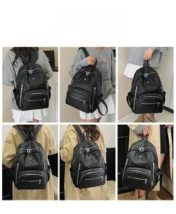 Multiple views of a black lychee texture travel backpack for women in daily scenarios