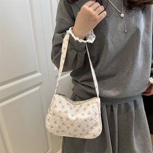 Floral bow pattern shoulder bag with jacquard texture for women in white and pink