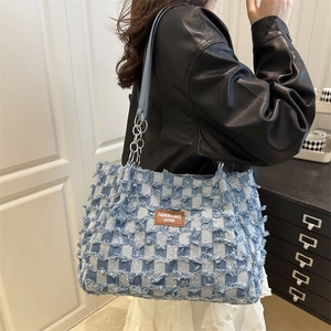 French retro denim checkerboard tote bag with chain strap and fringed edges for women