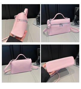 Multi-angle view of pink litchi texture small square bag with silver zipper detail