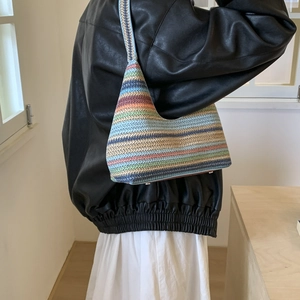 Ethnic style colorful striped straw shoulder bag for summer beach vacation look