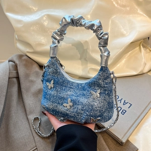 Women Fashion Denim Shoulder Bag Silver Butterfly Metal Decor Y2K Underarm Bag Large Capacity Commuting Crossbody Bag With Chain